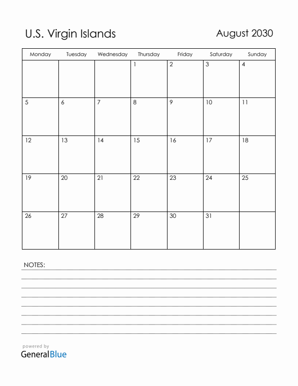 August 2030 U.S. Virgin Islands Calendar with Holidays (Monday Start)