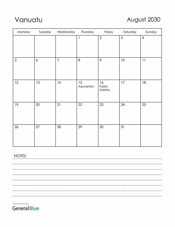 August 2030 Vanuatu Calendar with Holidays (Monday Start)