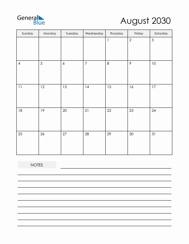 Printable Calendar with Notes - August 2030 