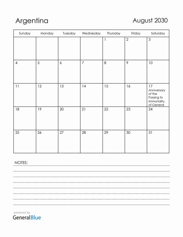 August 2030 Argentina Calendar with Holidays (Sunday Start)