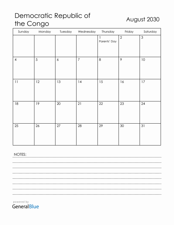 August 2030 Democratic Republic of the Congo Calendar with Holidays (Sunday Start)