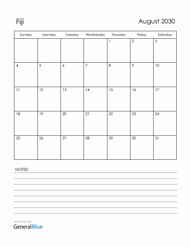 August 2030 Fiji Calendar with Holidays (Sunday Start)
