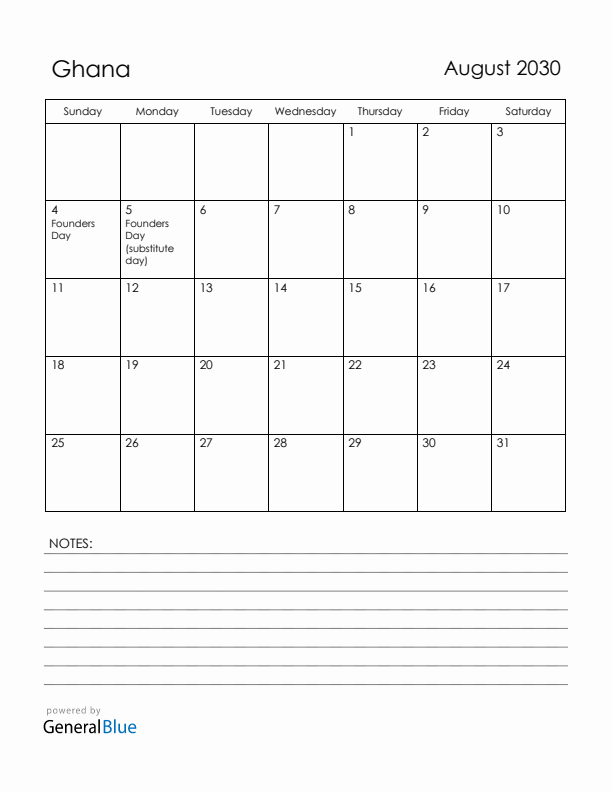 August 2030 Ghana Calendar with Holidays (Sunday Start)