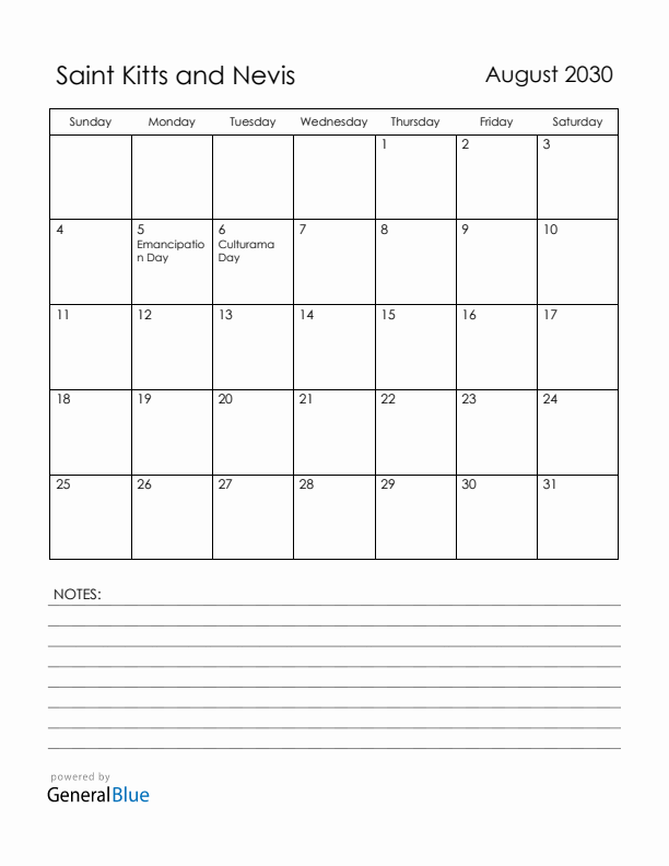August 2030 Saint Kitts and Nevis Calendar with Holidays (Sunday Start)