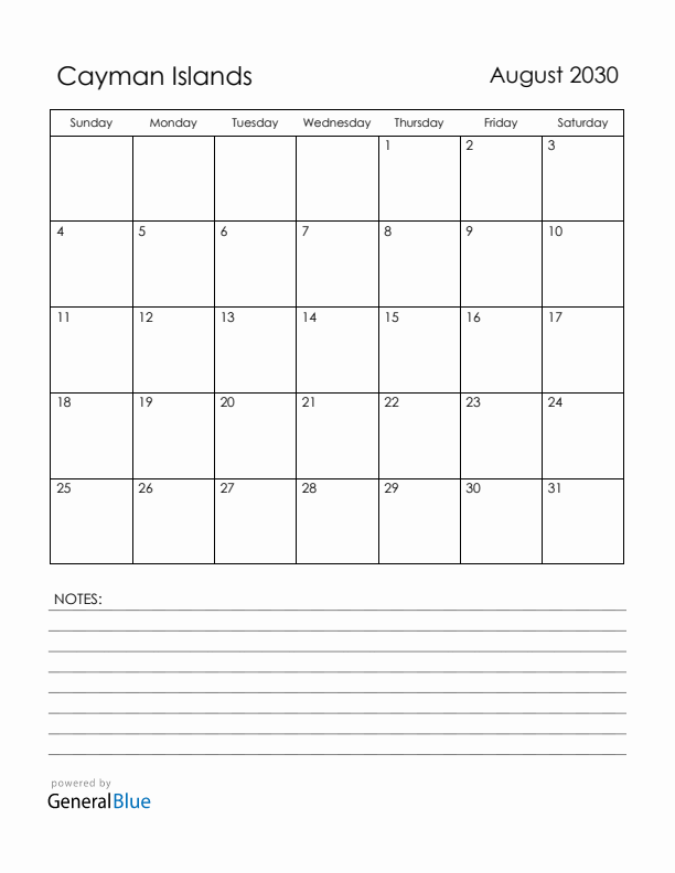 August 2030 Cayman Islands Calendar with Holidays (Sunday Start)
