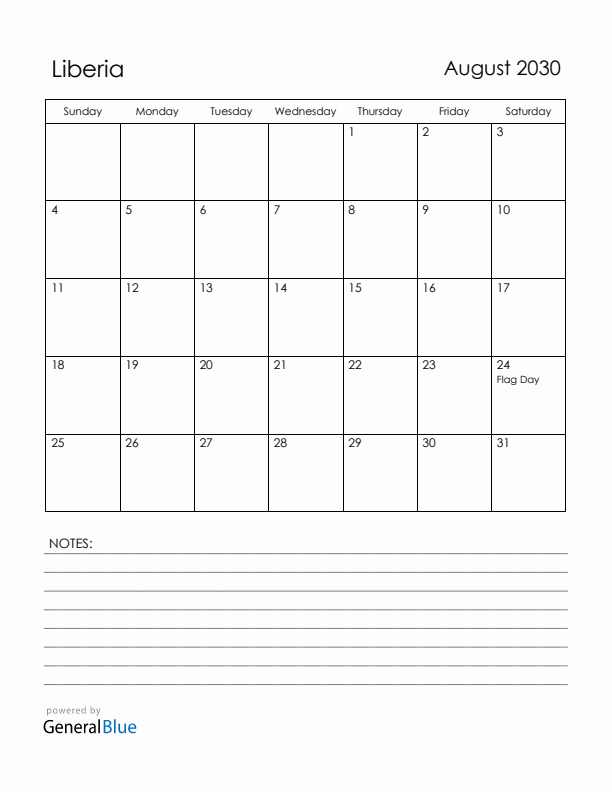 August 2030 Liberia Calendar with Holidays (Sunday Start)