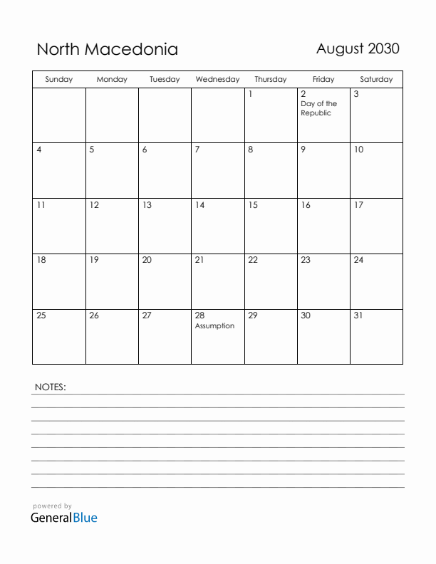 August 2030 North Macedonia Calendar with Holidays (Sunday Start)