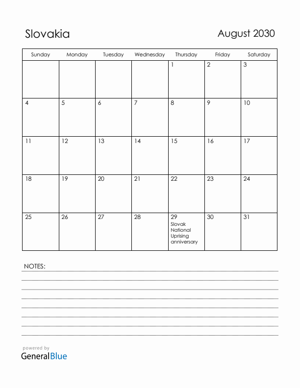 August 2030 Slovakia Calendar with Holidays (Sunday Start)