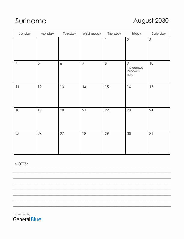 August 2030 Suriname Calendar with Holidays (Sunday Start)