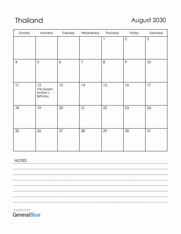 August 2030 Thailand Calendar with Holidays (Sunday Start)