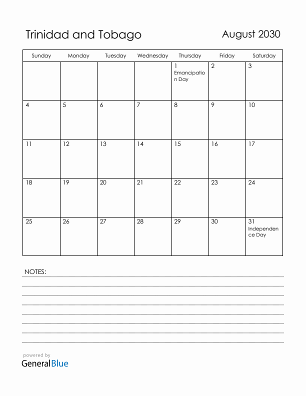 August 2030 Trinidad and Tobago Calendar with Holidays (Sunday Start)