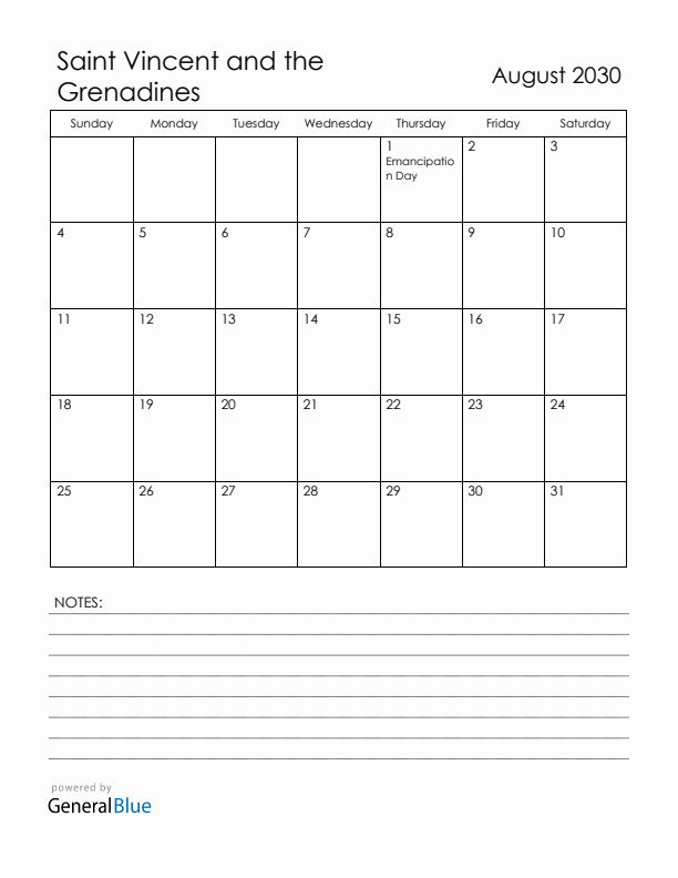 August 2030 Saint Vincent and the Grenadines Calendar with Holidays (Sunday Start)
