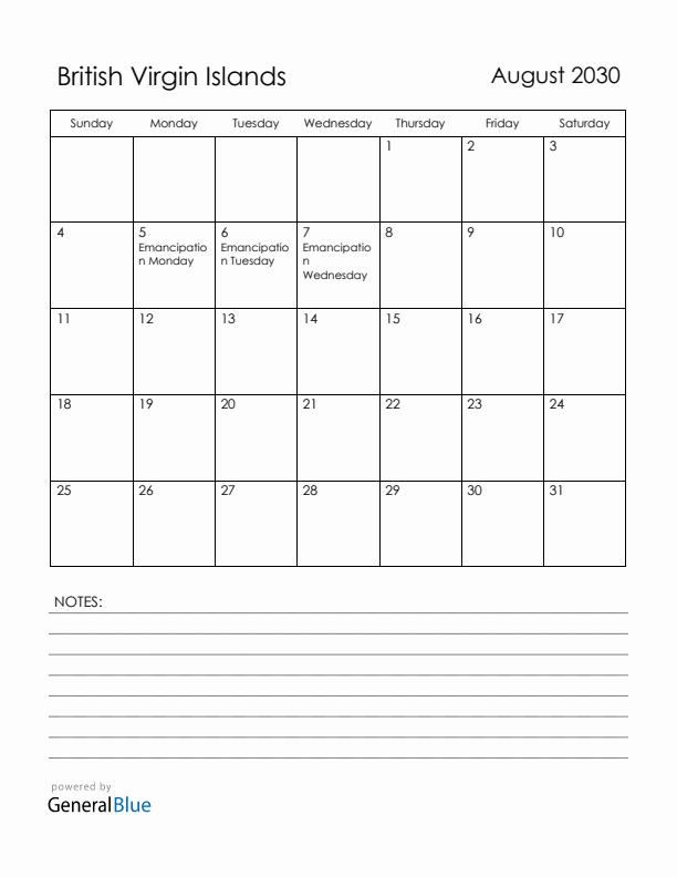 August 2030 British Virgin Islands Calendar with Holidays (Sunday Start)