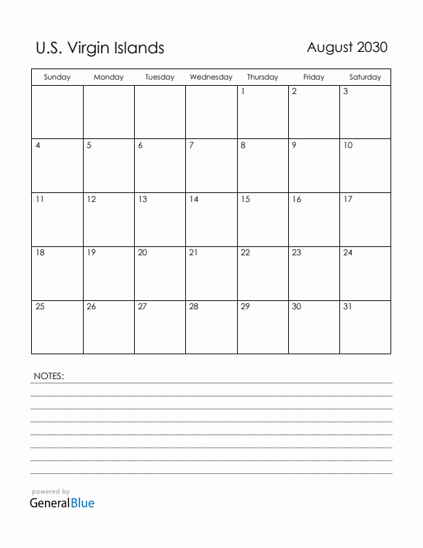 August 2030 U.S. Virgin Islands Calendar with Holidays (Sunday Start)