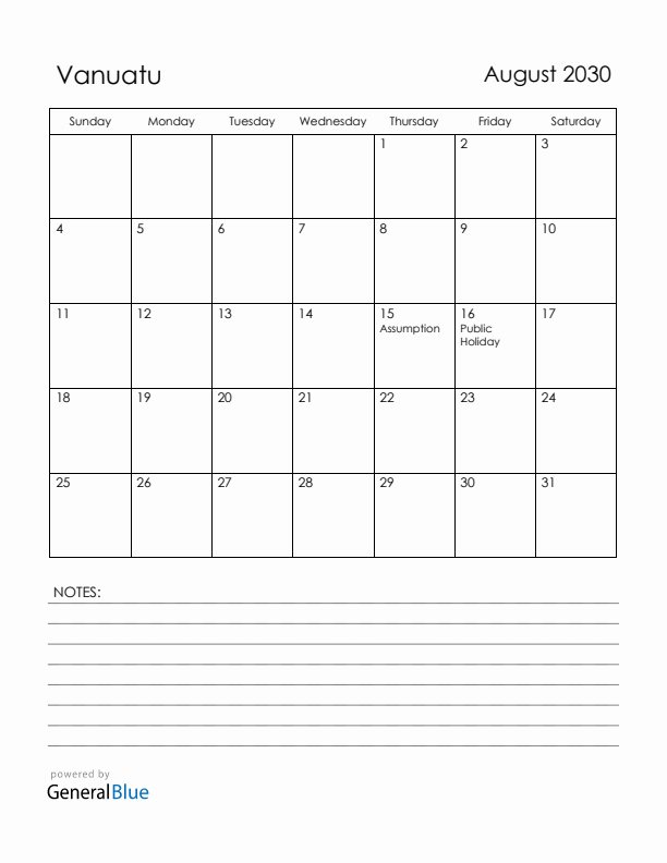 August 2030 Vanuatu Calendar with Holidays (Sunday Start)