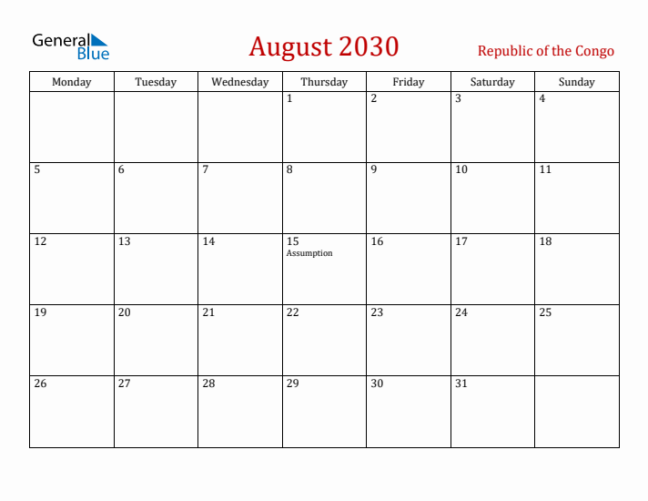 Republic of the Congo August 2030 Calendar - Monday Start