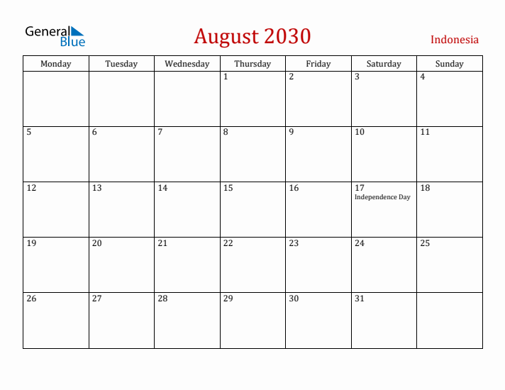 Indonesia August 2030 Calendar - Monday Start