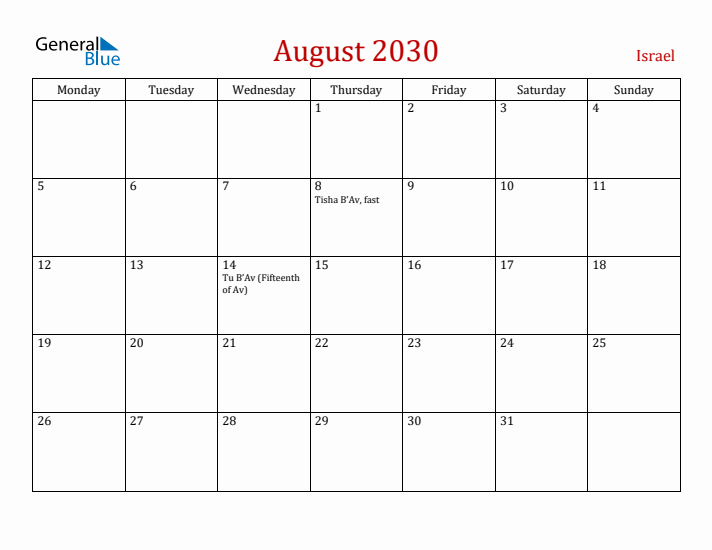 Israel August 2030 Calendar - Monday Start