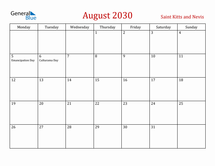 Saint Kitts and Nevis August 2030 Calendar - Monday Start