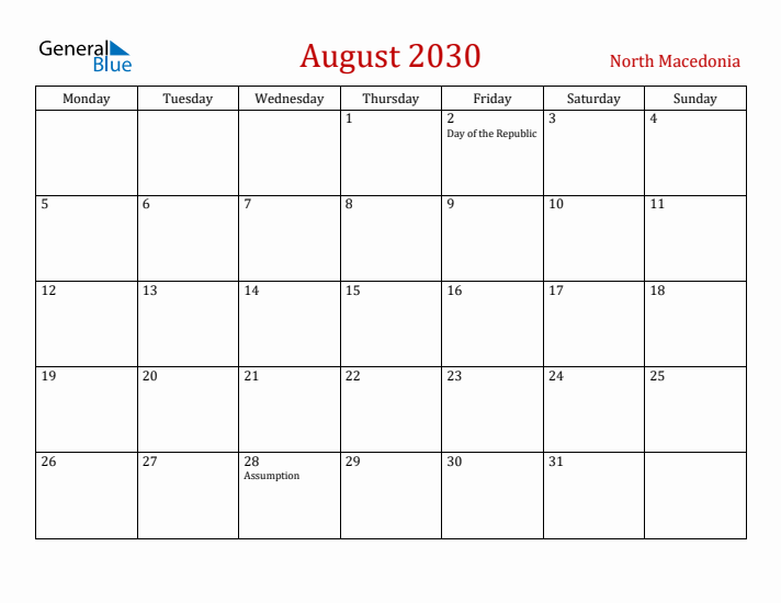 North Macedonia August 2030 Calendar - Monday Start