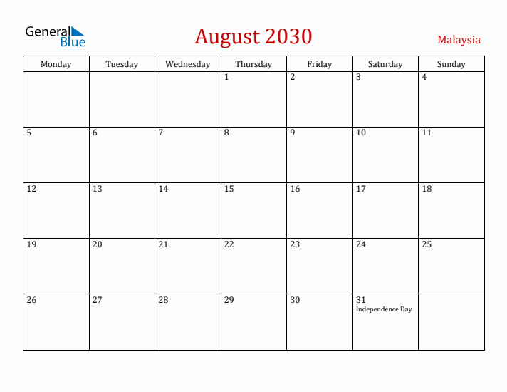 Malaysia August 2030 Calendar - Monday Start