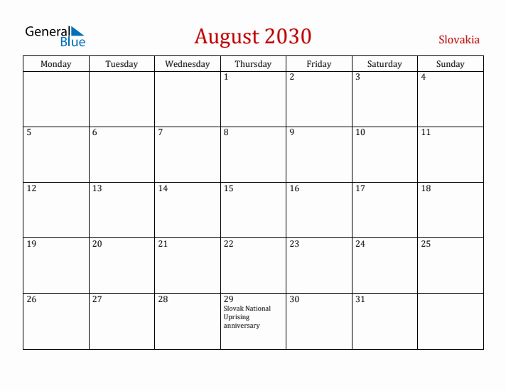 Slovakia August 2030 Calendar - Monday Start