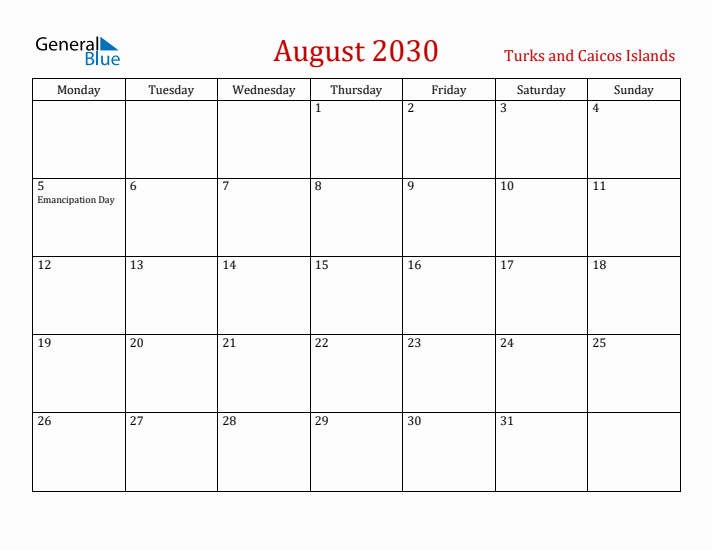 Turks and Caicos Islands August 2030 Calendar - Monday Start