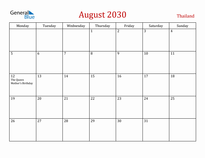 Thailand August 2030 Calendar - Monday Start