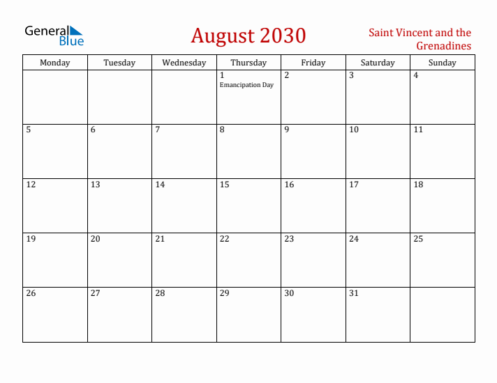 Saint Vincent and the Grenadines August 2030 Calendar - Monday Start