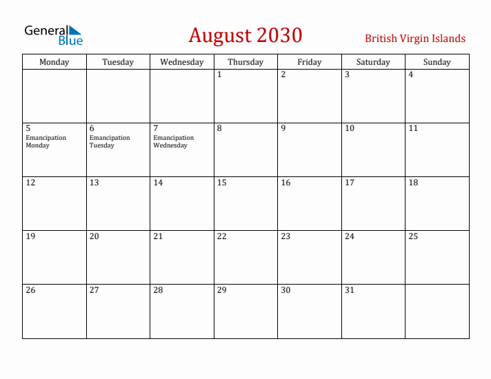 British Virgin Islands August 2030 Calendar - Monday Start