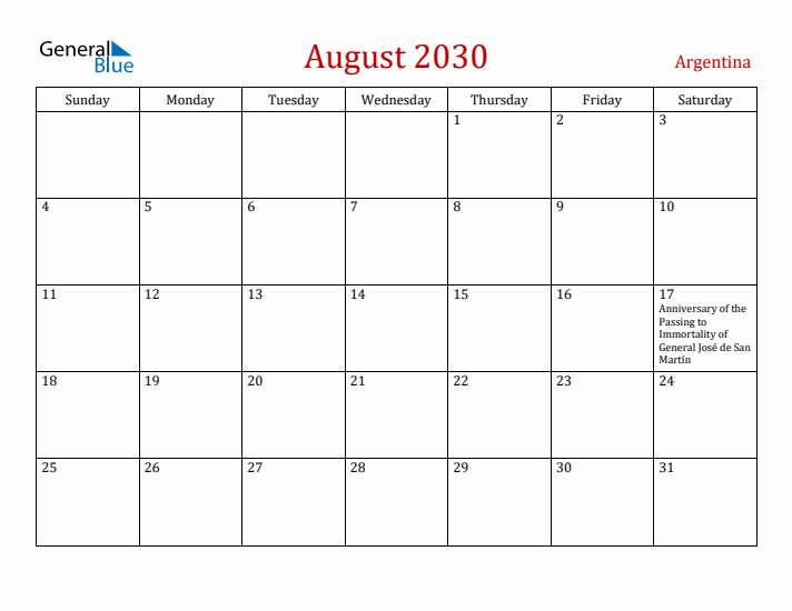 Argentina August 2030 Calendar - Sunday Start