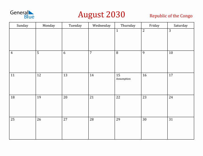 Republic of the Congo August 2030 Calendar - Sunday Start