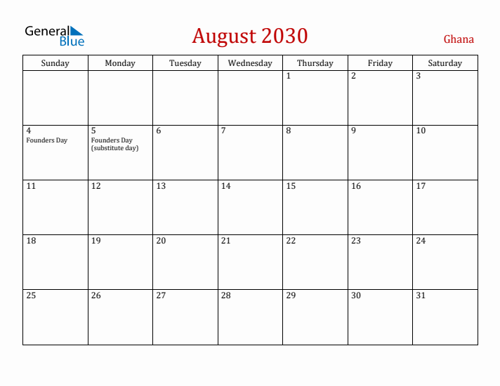 Ghana August 2030 Calendar - Sunday Start