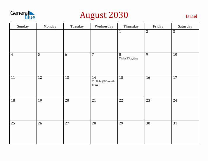 Israel August 2030 Calendar - Sunday Start