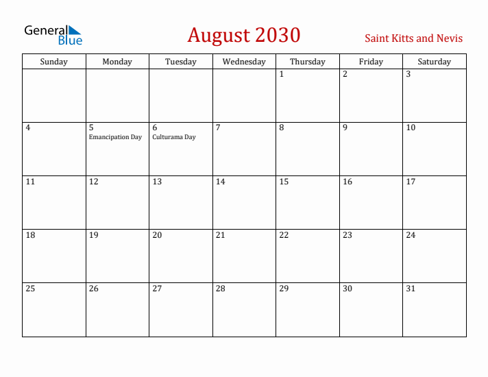 Saint Kitts and Nevis August 2030 Calendar - Sunday Start