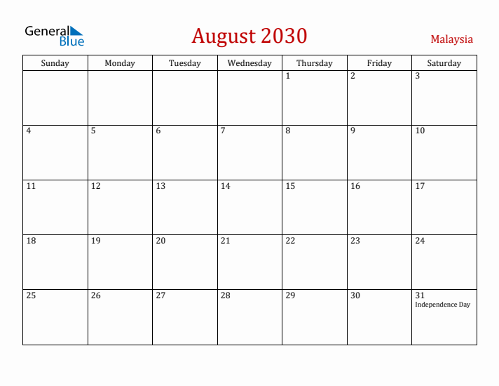 Malaysia August 2030 Calendar - Sunday Start