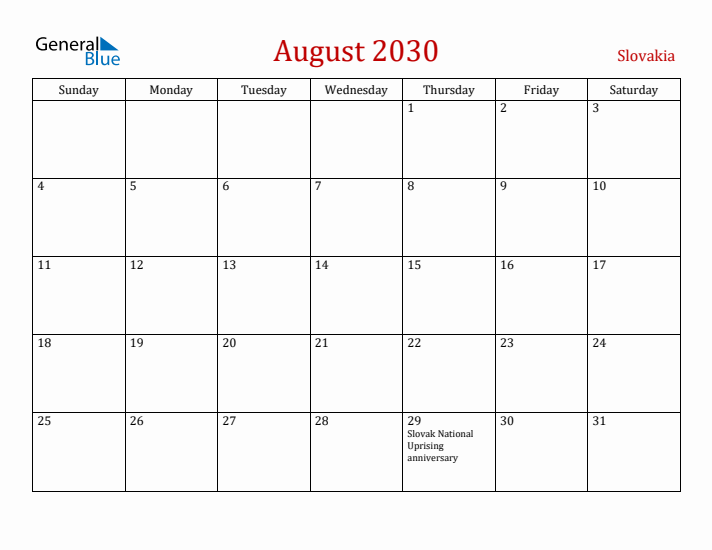 Slovakia August 2030 Calendar - Sunday Start
