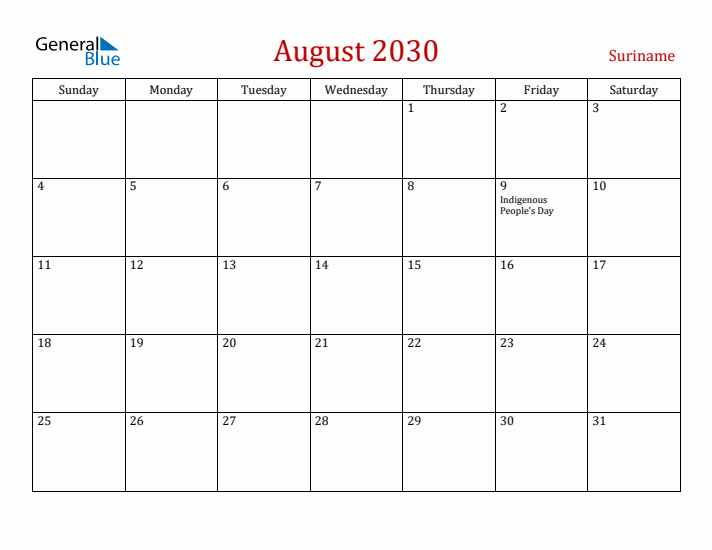 Suriname August 2030 Calendar - Sunday Start