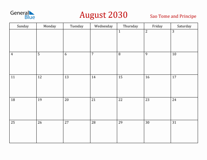 Sao Tome and Principe August 2030 Calendar - Sunday Start