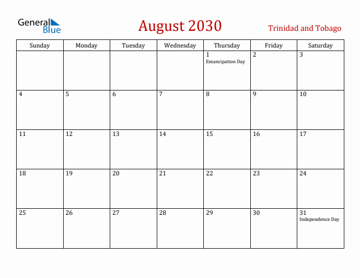 Trinidad and Tobago August 2030 Calendar - Sunday Start