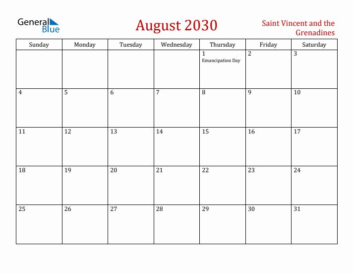 Saint Vincent and the Grenadines August 2030 Calendar - Sunday Start