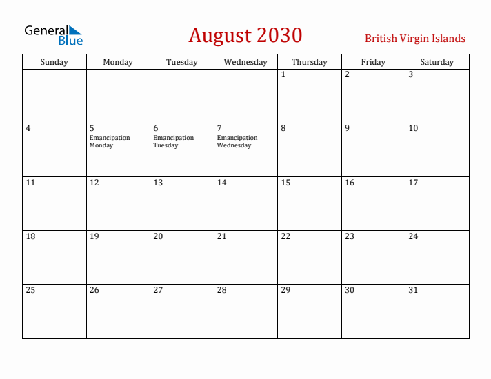 British Virgin Islands August 2030 Calendar - Sunday Start