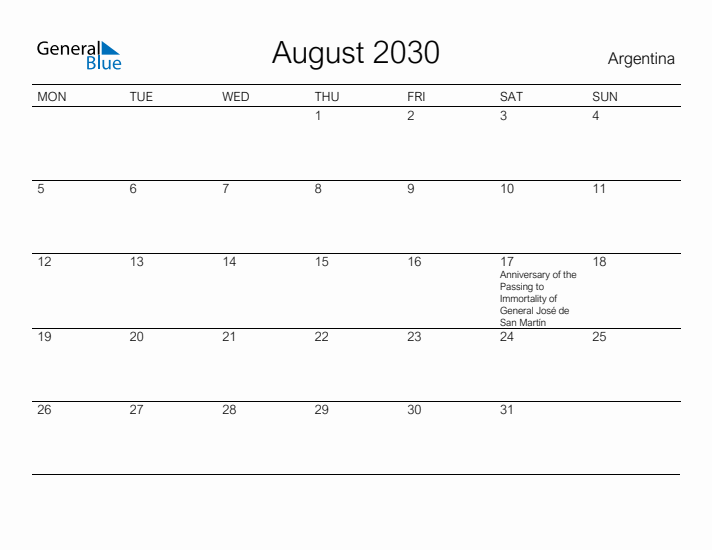 Printable August 2030 Calendar for Argentina