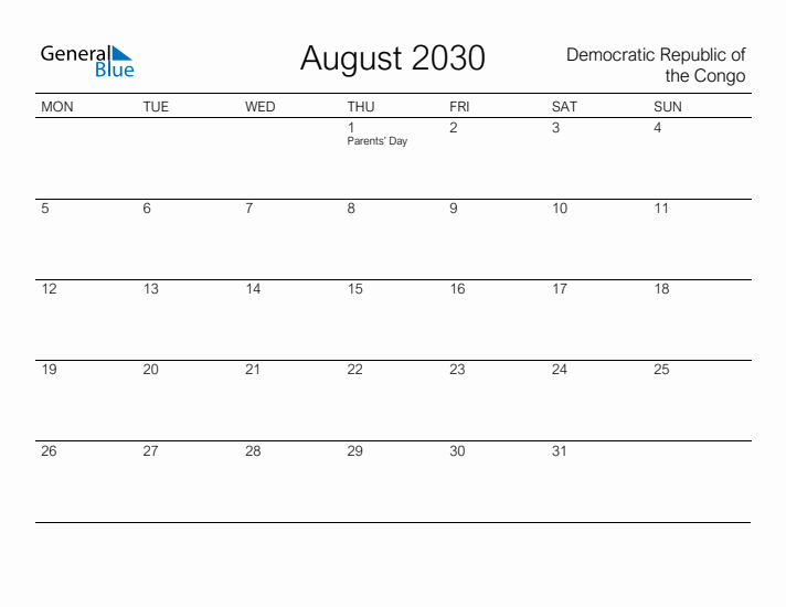Printable August 2030 Calendar for Democratic Republic of the Congo