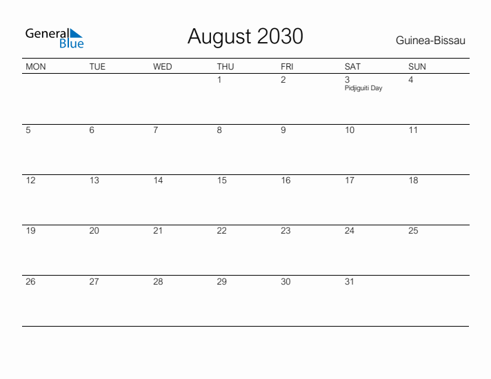 Printable August 2030 Calendar for Guinea-Bissau