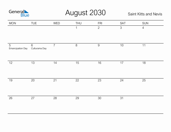 Printable August 2030 Calendar for Saint Kitts and Nevis