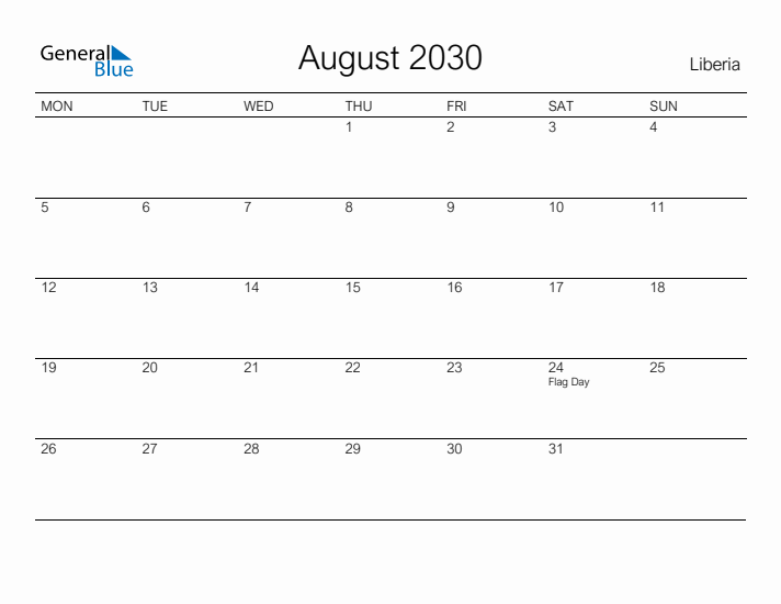 Printable August 2030 Calendar for Liberia