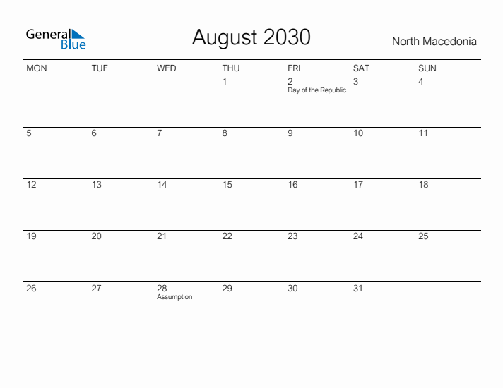 Printable August 2030 Calendar for North Macedonia