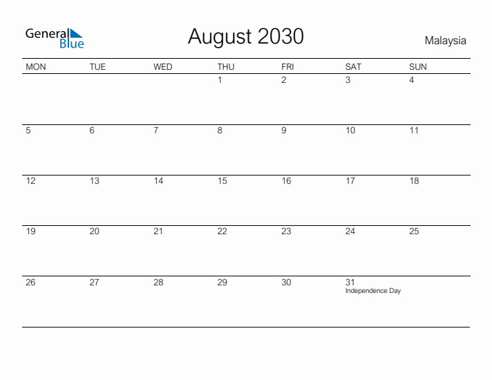 Printable August 2030 Calendar for Malaysia