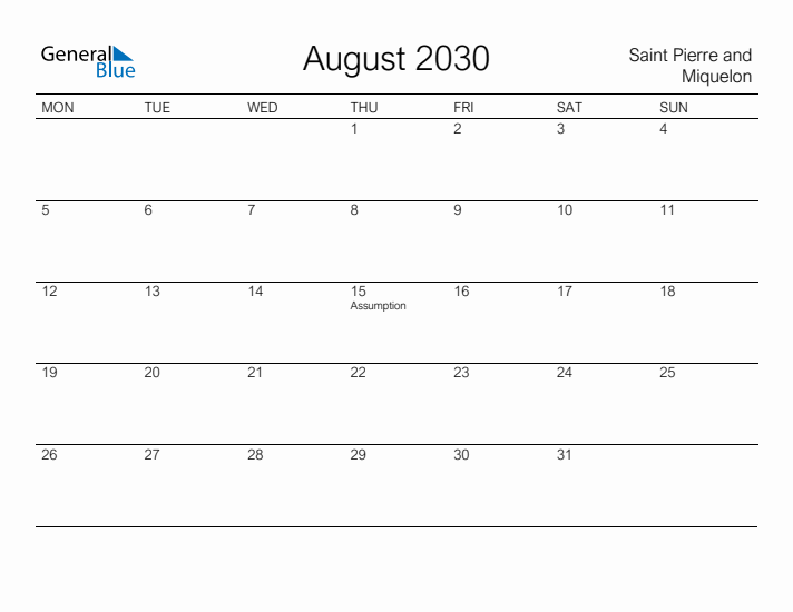 Printable August 2030 Calendar for Saint Pierre and Miquelon